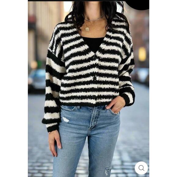 SALTWATER LUXE BRETON SCOUT BUTTON FRONT CARDIGAN SWEATER M BRITON STRIPE - Picture 1 of 11